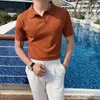 Męskie koszulki polo w stylu brytyjskim letnia marka koszulka Polo wysokiej jakości jednokolorowe dopasowane lodowy jedwab T-shirt klapa sukienka biznesowa S-3XL