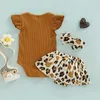 Klädset Sommar Baby Girl Korta Kläder 2023 Enfärgad Flying Sleeve Body Blommig/Leopard Shorts Rosett Född 0 till 24 månader