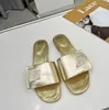 Pop Sandals Summer Flat Slipper Sandal Slide Flats Lock It Gold äkta läder med Strass Crystal Buckle Luxury Design 35-43 med låda