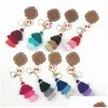 Breloki spersonalizowany drewniany brelok Party Favor trójwarstwowy bawełniany pompon i chip wisiorek pierścionek Mticolor Fy3881 Drop Delivery Jewe Dhw3O