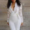 Women's Jumpsuits Rompers White jumpsuit Women's lace patchwork long sleeved V-neck wide leg pants Office women's jumpsuit 230710