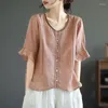 Chemisiers pour femmes chemise Art rétro 5/4 manches coton lin col en v mode ample polyvalent broderie haut Blusas Mujer De Moda