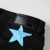 Jeans Masculino Preto Desgastado Streetwear Azul Couro Patches de Estrelas Magro Elástico Magro Estilo de Moda Rua Principal Marca Rasgado