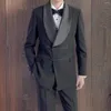 Costumes pour hommes smoking de marié de mariage formel avec noeud chinois noir châle revers hommes double boutonnage coupe ajustée blazer 2 pièces (veste pantalon)