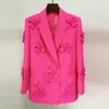 Abiti da donna TOP QUALITY 2023 Fashion Designer Jacket Fiori stereoscopici Appliques Blazer doppiopetto lungo Rosa S-4XL