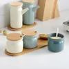 Storage Bottles Jars Ceramic Seasoning Jar with Wood Lid Salt Shaker Kitchen Supplies White Seasoning Jar Spoon Set Sugar Box 230710