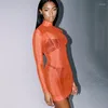 Fritidsklänningar OMAJ Orange 2023 Mesh Klänning Höghalsad Kvinnor Sexig Kort Perspektiv Midja Långärmad Sommar Vestidos