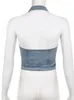 Damtröjor TARUXY Backless Retro Pocket Crop Top Dam Polo Neck Ärmlösa Linnen Tjej Sexig Navel Streetwear Casual Denimkläder