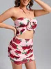 Fritidsklänningar sommar blommönster Beskuren topp minikjol 2-delad uppsättning kvinnor Rosa grimma Ruched kostym Party Evening Club Kostymer