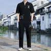 Pantaloni in lino ricamo Hanfu set abito in stile cinese maschile tradizionale Tang Kung Fu Taichi top pantaloni estivi da uomo in cotone