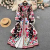 Sıradan Elbiseler Sonbahar Kış Tatil Çiçek Uzun Elbise Kadınlar V Yastığı Tek Göğüslü Fener Sleeve Retro Baskı Bohem Vestidos Robes