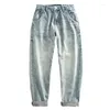 Men's Jeans Lightblue For Men Casual Wear Straight Denim Roll Up Pants Washed Distressed Tapered Clothing Summer Thin Trousers