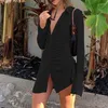 Abiti casual 2023 Mini abito slim sexy da donna Green Club Party Camicia con colletto rovesciato Bottone corto femminile elegante streetwear