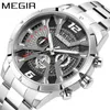 Montres-bracelets MEGIR montre en acier inoxydable pour hommes affaires de luxe décontracté Quartz Date horloge chronographe grand cadran montre-bracelet Reloj Hombre