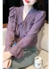 Bluzki damskie swetry fioletowa bluzka Casual odzież damska 2023 wiosna jesień koszula z długim rękawem kobiety Femme Blusas De Mujer Q5466