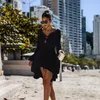 Roupa de banho feminina biquíni avental bronzeador cor sólida manga chifre roupas decote oco para fora tricô tops maiô praia pulôver casual