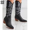 Сапоги Gogd Женские белые коленные сапоги Western Cowboy Boots Широкие вышитые теленки заостренные носки для блок-каблуки на каблуках на каблуках 230711