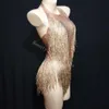 Sparkly Gold Nappa Body Strass Outfit Glisten Beads Costume Un pezzo Dance Wear Cantante Stage Body Copricapo Pagliaccetti 191Y