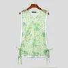 Mannen Tank Tops Mannen Bloemenprint Mesh Transparant Sexy Lace Up V-hals Hollow Out Mouwloze Mannelijke Vesten Streetwear kleding INCERUN