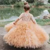 Champagne Lace Flower Girls Dress First Birthday Princess Christmas Party Long Sleeve Photoshoot Kids Gowns