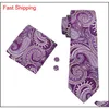 Classic Silk Mens Neckties Purple Tie Sets Paisley Mens Necktiestie Hanky Cufflinks Jacquard Woven Meeting Business Wedding Party 197t