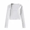 Women's T Shirts 2023 Autumn Winter Women Cotton Ribbed Square Neck Crop Top With Long Sleeve Short Style High Waist Slim Inside Basic Tops