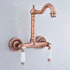 Bathroom Sink Faucets Basin Antique Red Copper Swivel Spout Faucet Double Handle Mixer Tap Wall Mounted Nsf887