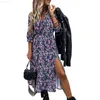 Urban Sexy Jurken Leopard Dames Herfst Jurk 2021 Bloemenprint Sexy V-hals Maxi Tuniek Button Up Split vestido Flowy Evening Party Shirt Jurken L230711