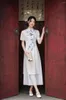 Ethnic Clothing Sexy Bamboo Printed Satin Long Style Aodai Qipao Fashion Vintage Women Girls Short Sleeve Cheongsam Dress