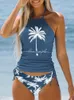 Dräkter kvinnors tvådelade baddräkter High Neck Ruched Tummy Control Top med Bottom Tankini Set Beach Coconut Tree Print Baddräkt