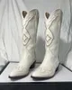 Boots Bonjomarisa White Cowboy Western Knee Boots Design chunky Heel مدبب إصبع القدم على حذاء طويل الخريف أحذية غير رسمية 230711