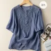 Vrouwen Blouses Literatuur Vintage Borduurwerk Katoen Linnen Shirt Vrouwen Zomer Ronde Kraag Korte Mouw Casual Losse Blouse Tops S590