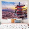 Wandteppiche Mount Fuji Tapisserie Antiker Tempeldruck Kirschblütenrosa Wandbehang Heim- und Wohnzimmerdekoration Tapisserie R230710