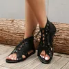 Sandálias planas para mulheres 2023 sapatos de verão moda com cadarço salto baixo senhoras casuais ocas atrás com zíper sandalias