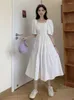 Casual Dresses Elegant Vintage Dress Women Black Short Sleeve Mid-Calf Square Collar Puff Korean Fashion Sundress