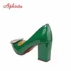 Aphixta New Dark Green Pearl Buckle Patent Leather Women's Pumps 7cm Square Heel Officile Pointed Toe Shoes Super Big Size 49 50 L230704