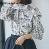 Blusas femininas japonesas elegantes estampadas florais blusas femininas com cadarço e laço camisas bolha manga longa camisas outono 2023 tops