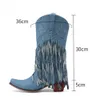 Bottes AOSPHIRAYLIAN Denim Glands Fringe Mi-mollet Western Cowboy Bottes Pour Femmes 2023 Vintage Rétro Point Toe Cowgirl Bottes Chaussures L230712