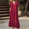 Casual jurken Dames Zomer Effen kleur V-hals Korte mouw Boho Strandvakantie Swing Overgooiers Losse comfortabele ademend