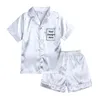 Pajamas Kids Boy Girls Custom Personalized Satin Pajamas Set Add Your Text Design Button-Down Short/Long Sleeve 2pcs Toddler Sleepwear 230710