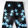 Jeans Masculino Preto Desgastado Streetwear Azul Couro Patches de Estrelas Magro Elástico Magro Estilo de Moda Rua Principal Marca Rasgado