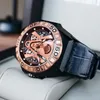 Zegarki na rękę Reef Tiger/RT męskie zegarki sportowe automatyczny mechaniczny zegarek szkieletowy różowe złoto wodoodporny skórzany pasek Relogio Masculino