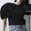 Women's Blouses Round Neck Puff Sleeve Shirts Japan Chic Bandage Split Blusas Mujer 2023 Summer Shirt Tops All Match Vinatge Camisas