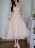 Abiti casual Abito dolce vintage in chiffon rosa Donna A-Line Francia Elegante festa Midi Manica svasata stile coreano femminile Estate 2023