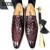 Dress Shoes Luxury Brand Men Leather Black Burgundy Prints Pointed Toe Casual Mens Slip on Loafers For 230710