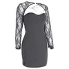 Casual Dresses 2023 High Quality Black Sequin Mini Dress With Lace Shrug Women Club Wear Sexy Long Sleeve Hollow Out Front Bodycon M-XL