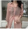 Women's Blouses #2010 White Pink Gray Chiffon Shirt Women Long Sleeve Sexy Super Thin Transparent Blouse Sunscreen Korean Femme Loose