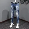 Erkek kot caddesi moda erkekler retro mavi elastik streç ince yırtık vintage pantolon yamalı tasarımcı hip hop pantolon hombre