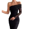 Casual Jurken 2023 Zwarte Vrouwen Een Schouder Mesh Lange Sexy Diagonale Kraag Wrap Slim Bodycon Jurk Vrouwelijke Avondfeest