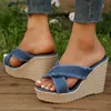 Terlik Çapraz kayış yüksek kama terlikleri kadınlar yaz 2023 mavi denim tıknaz platform sandaletler kadın kaymaz kalın taban slaytlar flip flops t230711